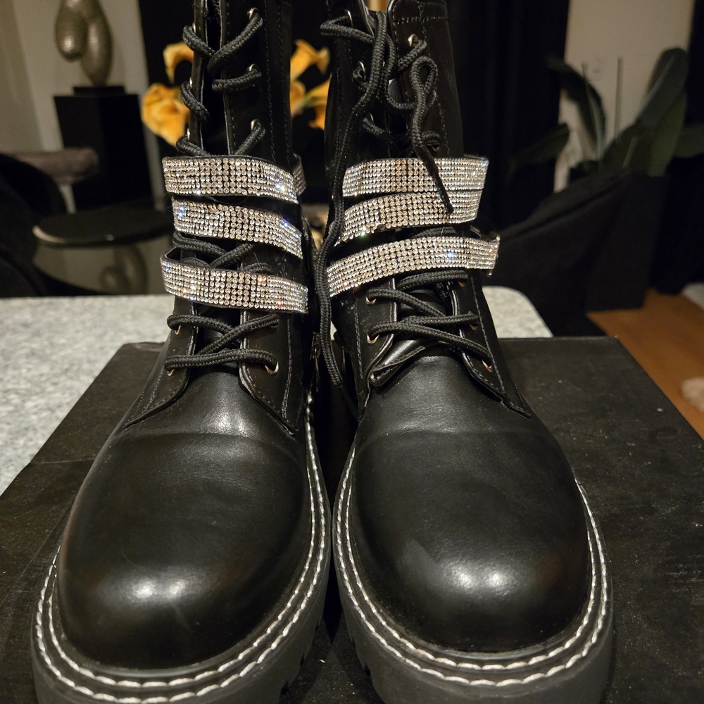Cape Robbin Black Combat Boots with Rhinestone Straps